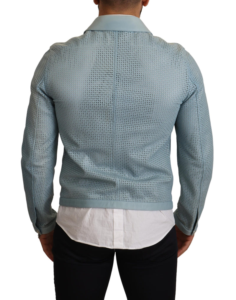 Blue Leather Full Zip Perforated Jacket