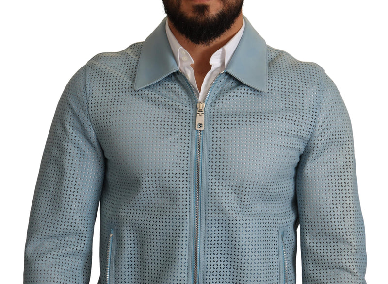 Blue Leather Full Zip Perforated Jacket