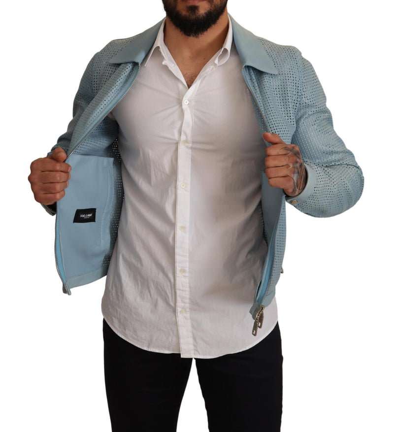 Blue Leather Full Zip Perforated Jacket
