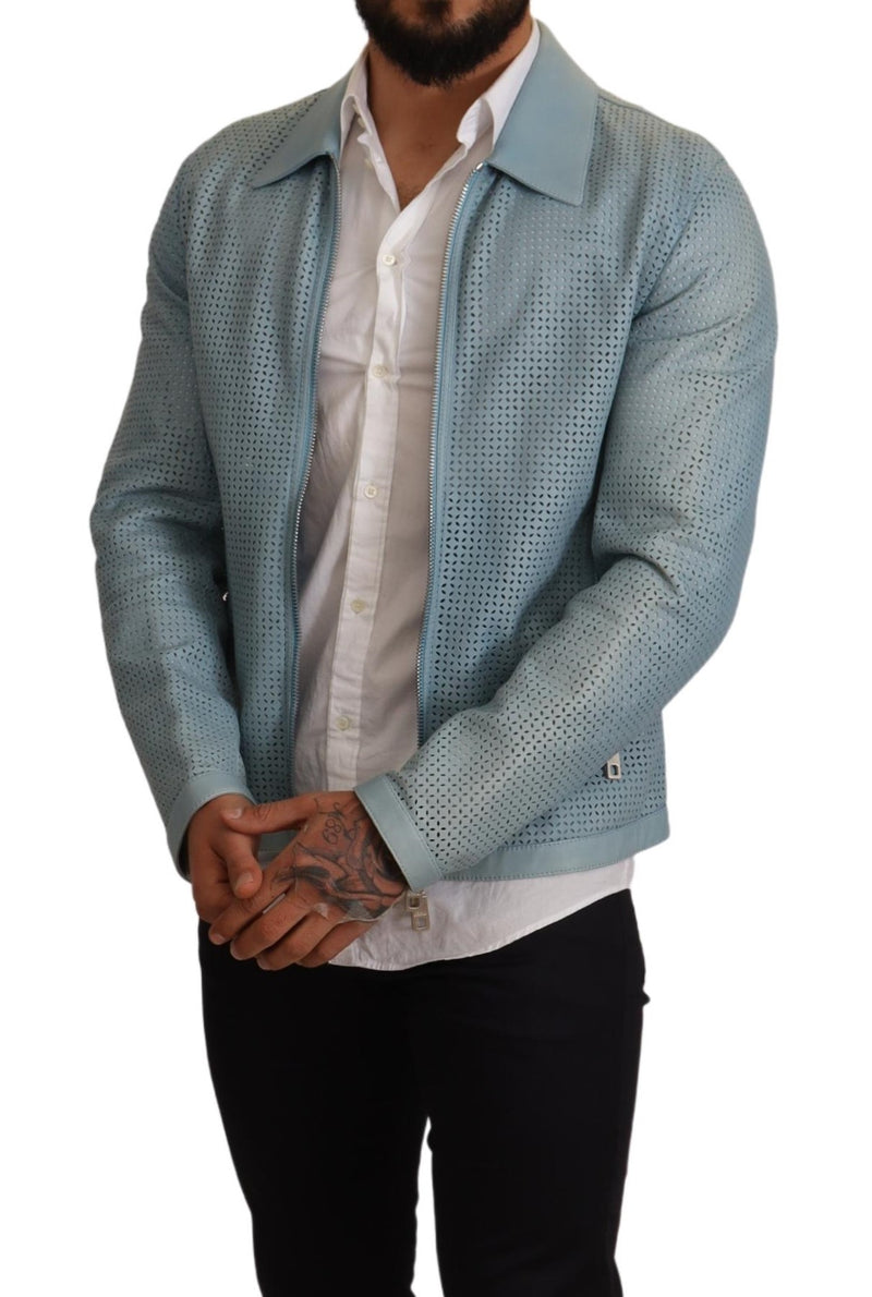 Blue Leather Full Zip Perforated Jacket