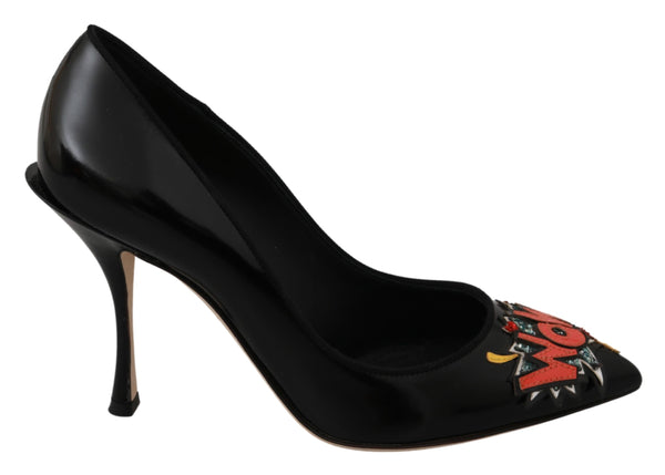 Black Leather WOW Heels Pumps Shoes