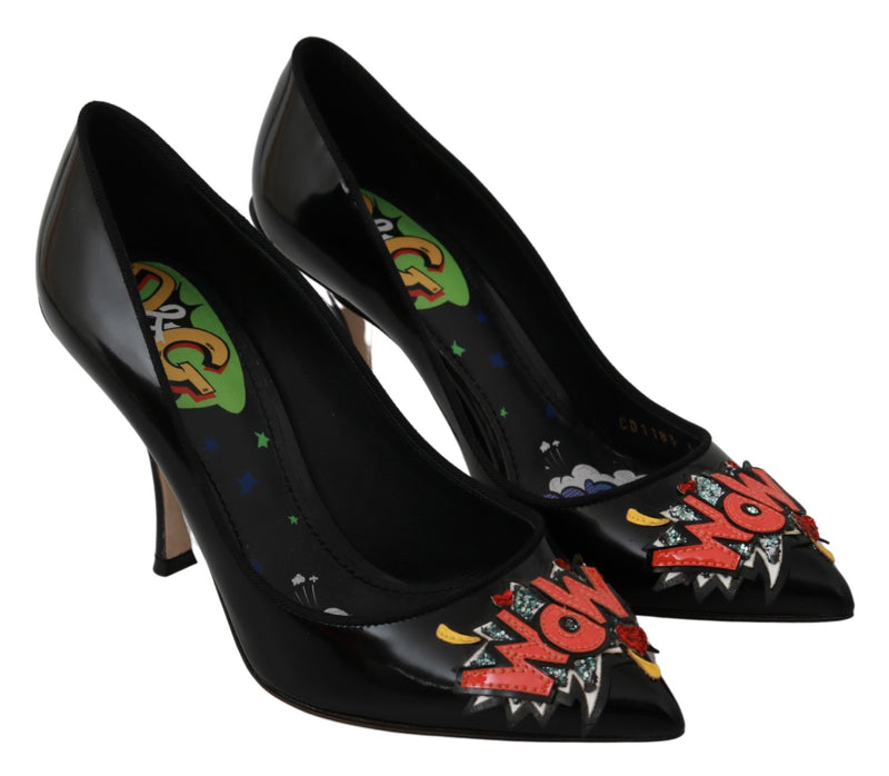 Black Leather WOW Heels Pumps Shoes