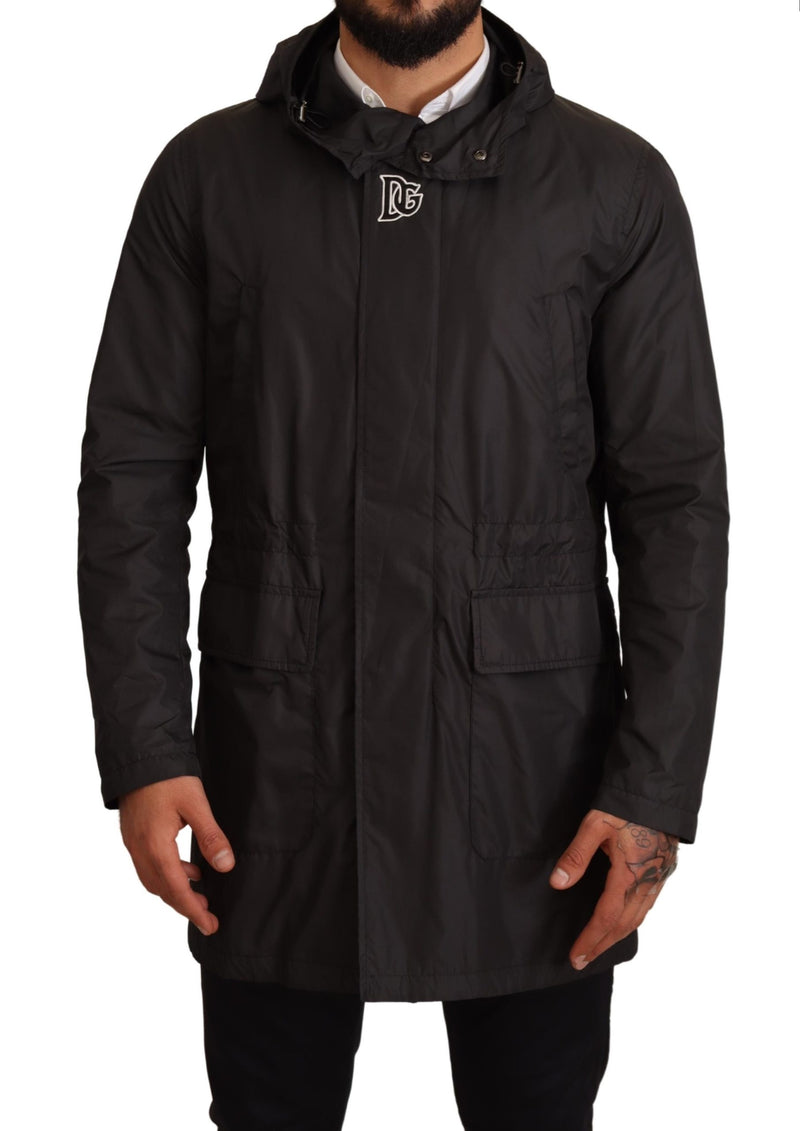 Black Polyester Hooded Parka Coat Jacket