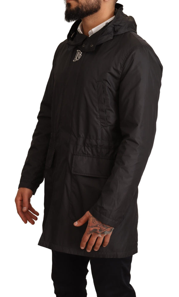 Black Polyester Hooded Parka Coat Jacket