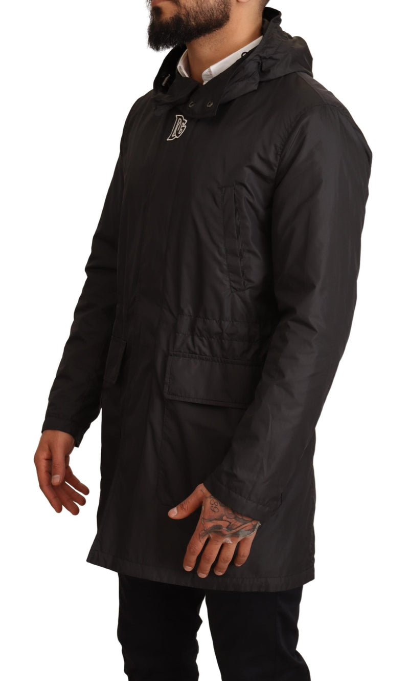 Black Polyester Hooded Parka Coat Jacket