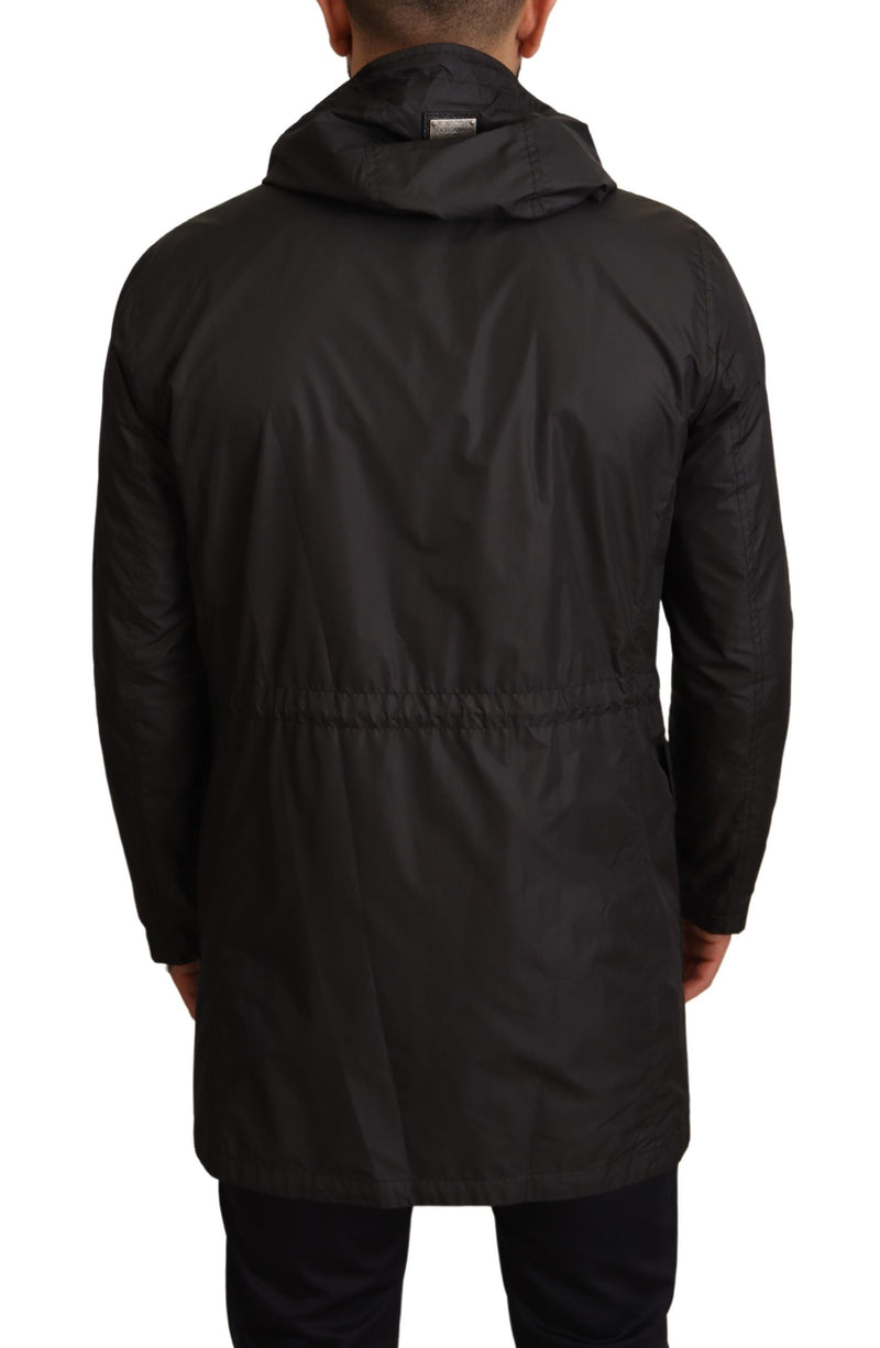 Black Polyester Hooded Parka Coat Jacket