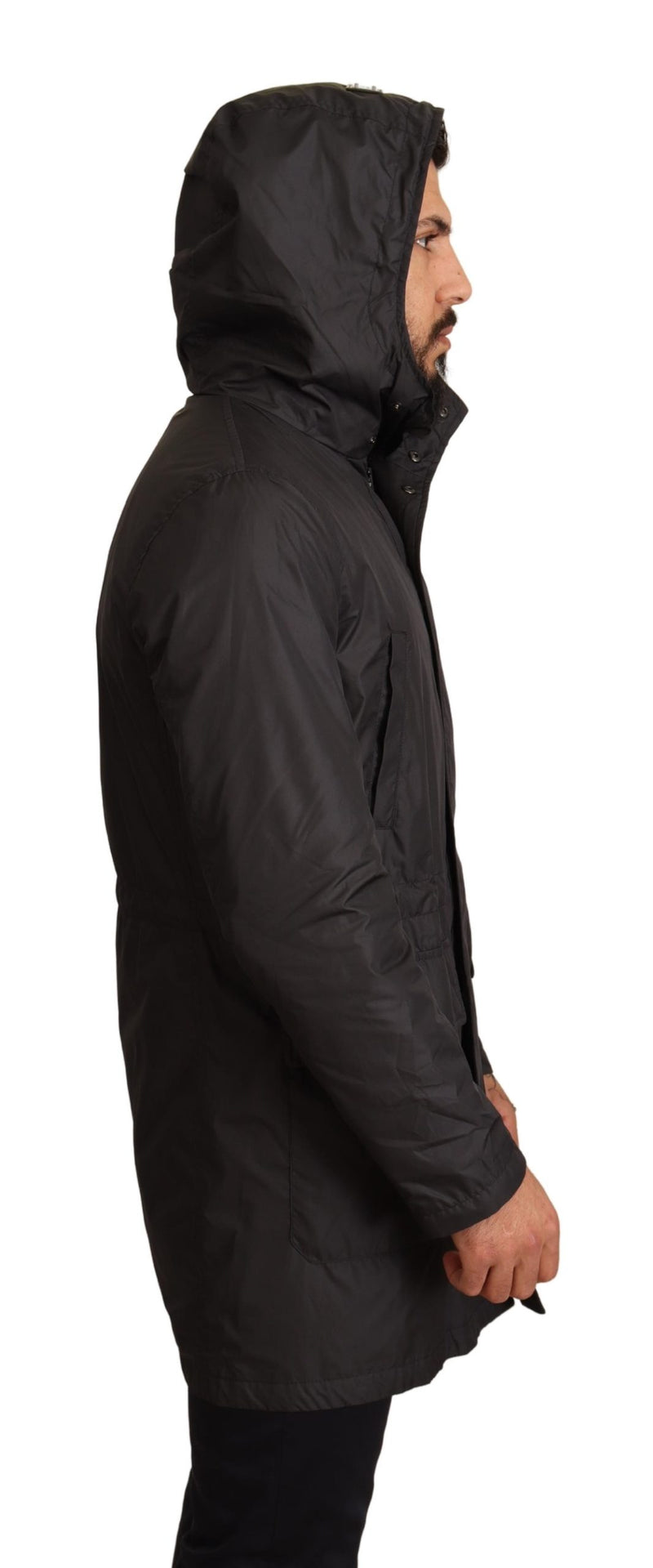Black Polyester Hooded Parka Coat Jacket