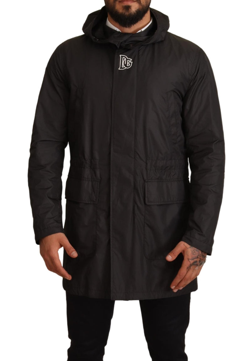 Black Polyester Hooded Parka Coat Jacket
