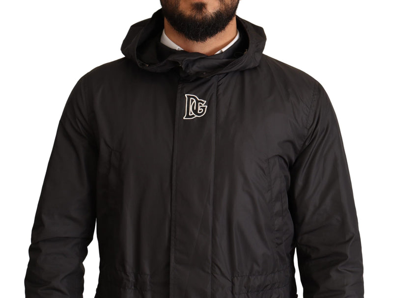 Black Polyester Hooded Parka Coat Jacket