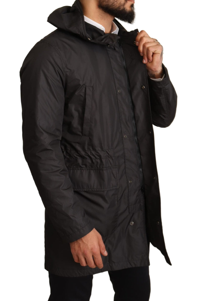 Black Polyester Hooded Parka Coat Jacket