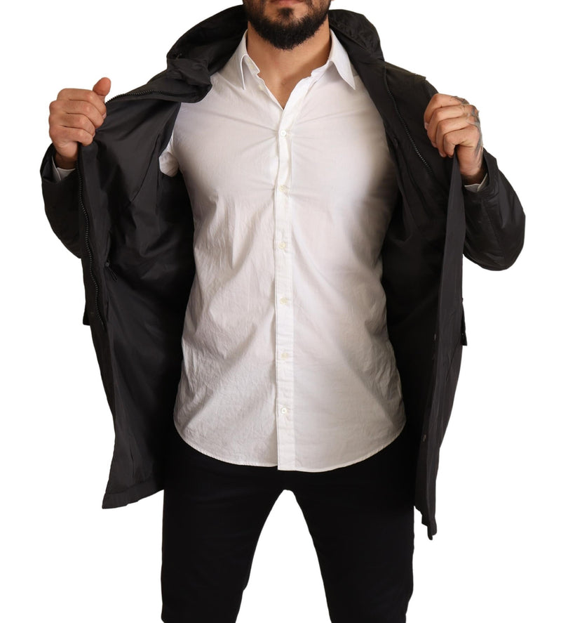 Black Polyester Hooded Parka Coat Jacket