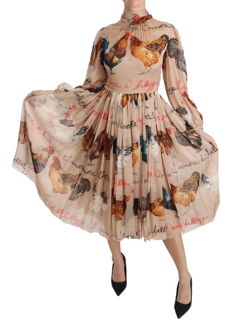 Beige Rooster Print Sheath Midi Silk Dress
