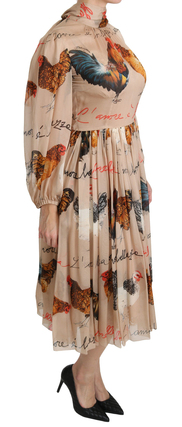 Beige Rooster Print Sheath Midi Silk Dress