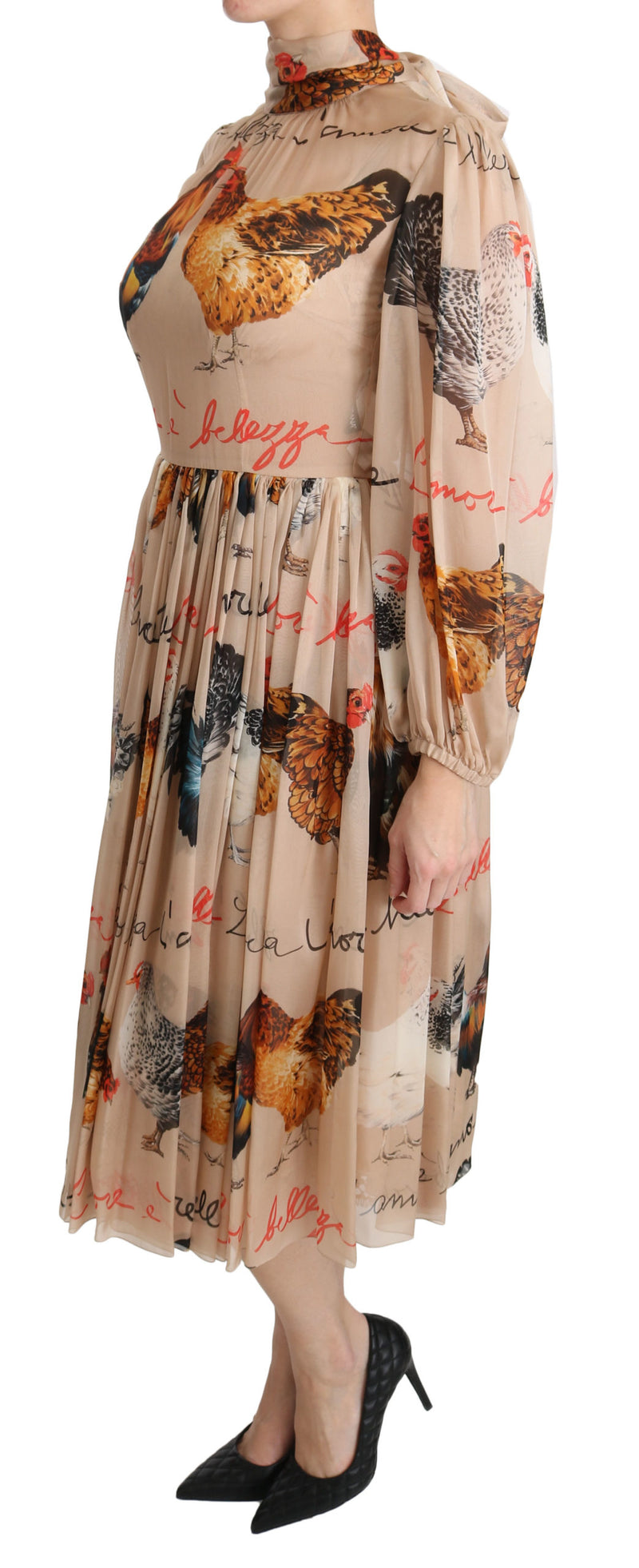 Beige Rooster Print Sheath Midi Silk Dress