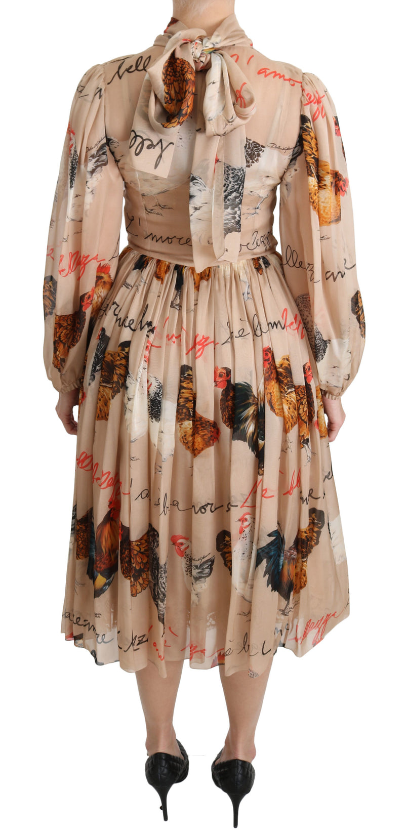 Beige Rooster Print Sheath Midi Silk Dress