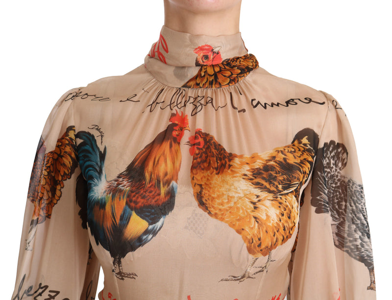 Beige Rooster Print Sheath Midi Silk Dress