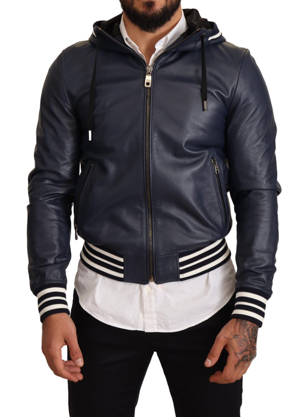 Blue Leather Hooded Short Bomber Jacket