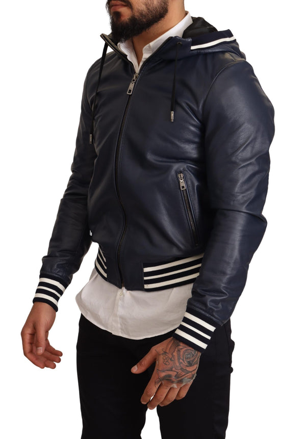 Blue Leather Hooded Short Bomber Jacket