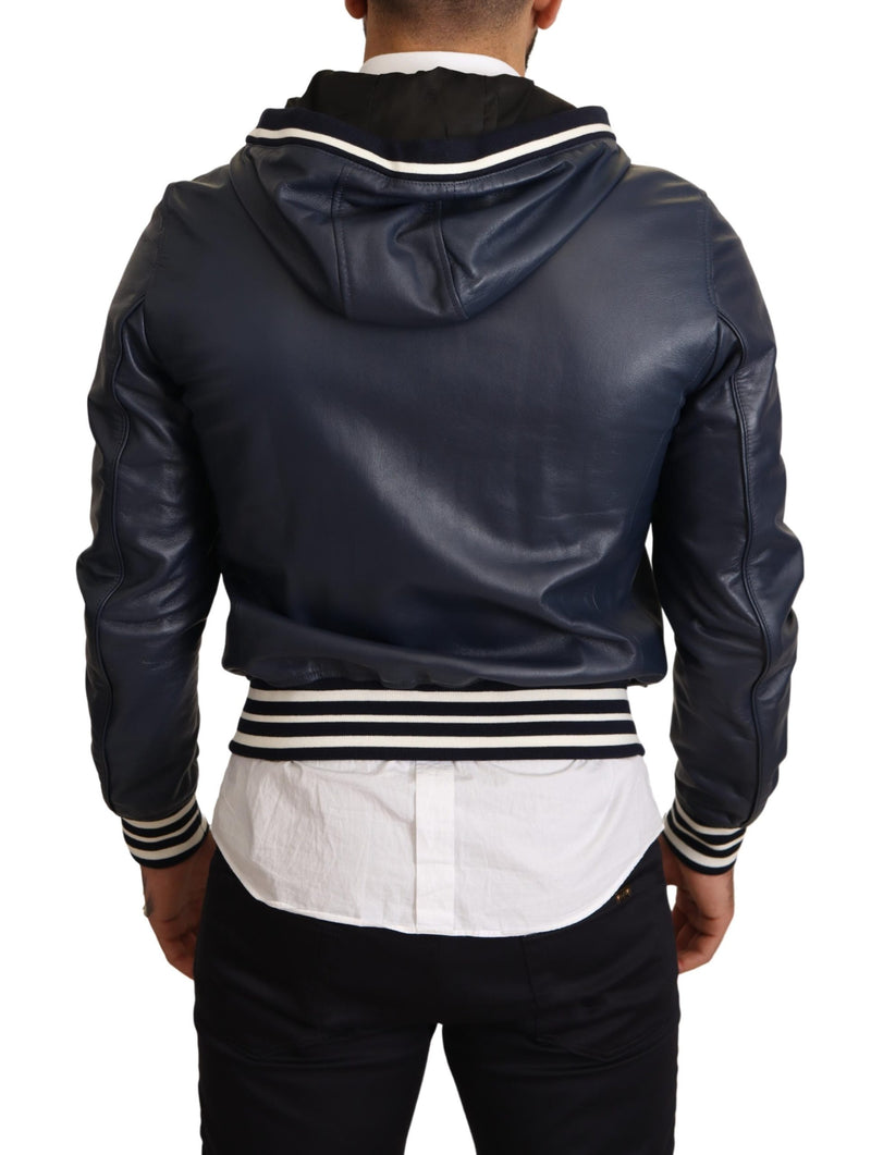 Blue Leather Hooded Short Bomber Jacket
