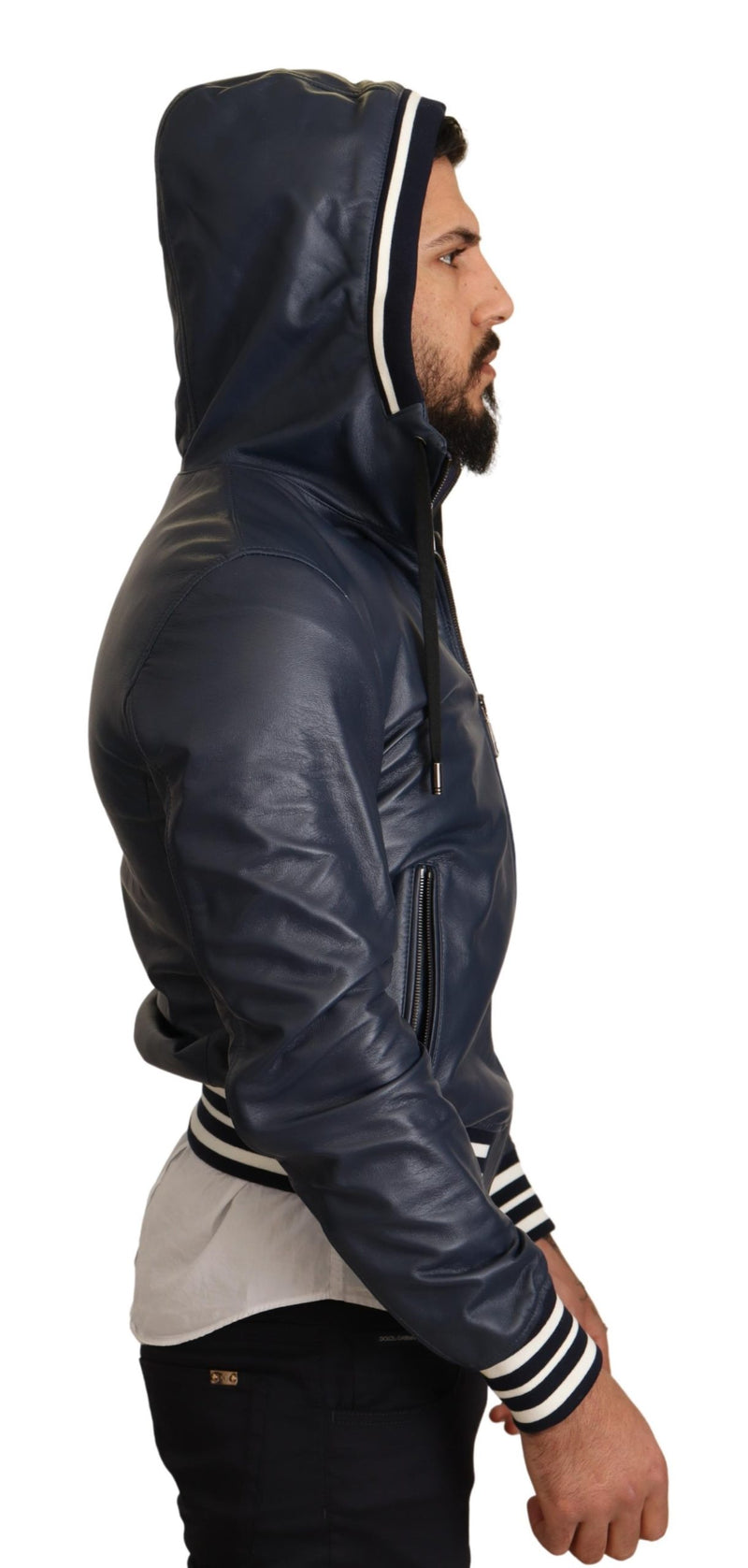 Blue Leather Hooded Short Bomber Jacket