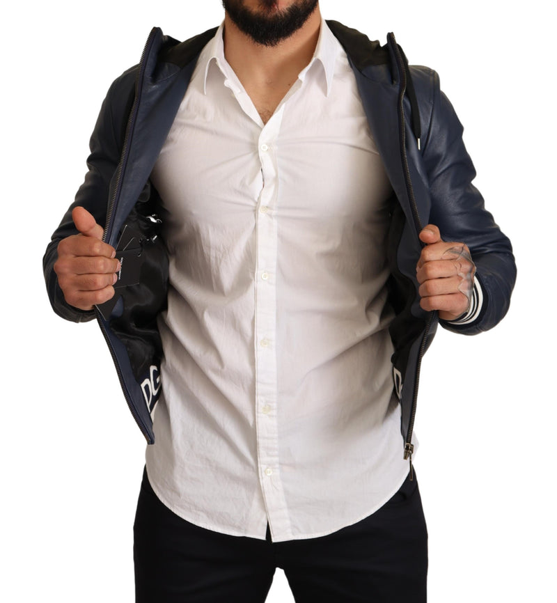 Blue Leather Hooded Short Bomber Jacket