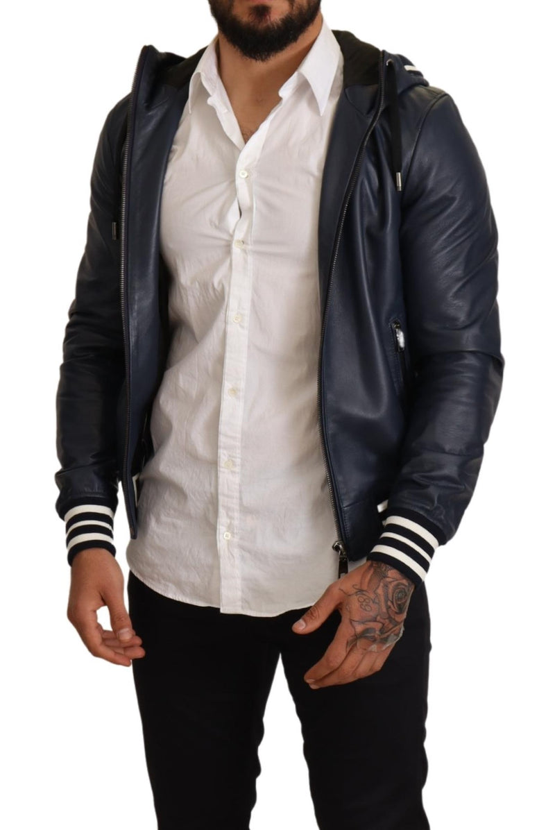 Blue Leather Hooded Short Bomber Jacket