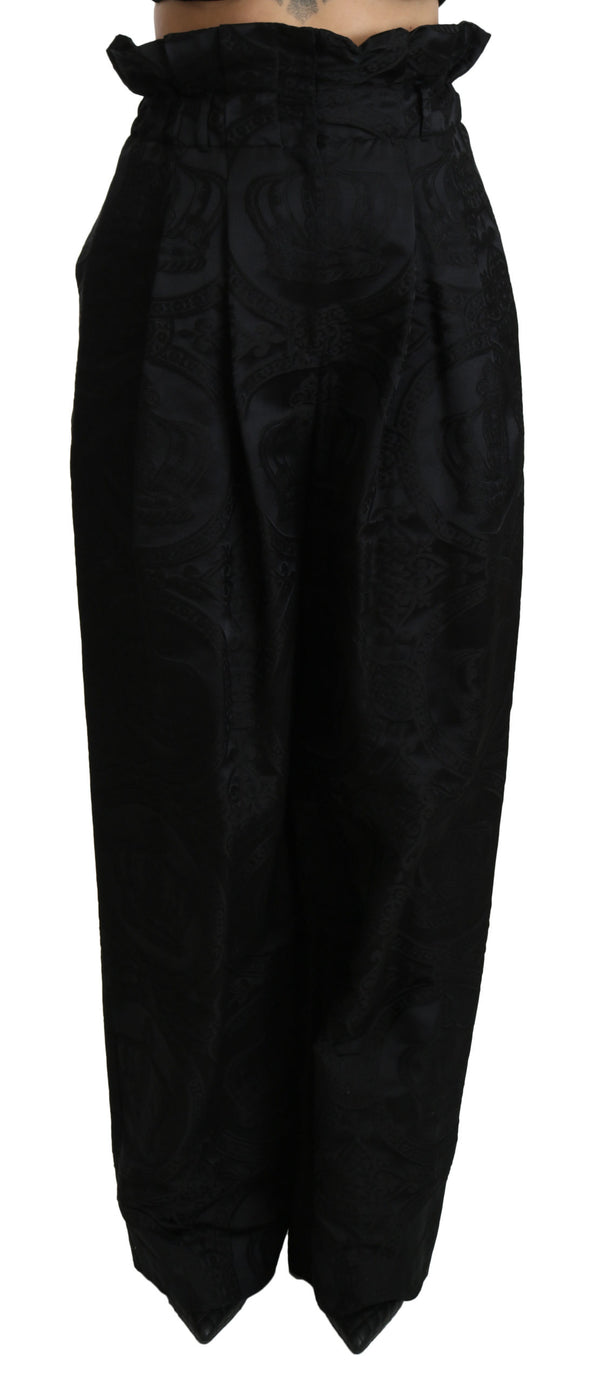 Black Brocade High Waist Wide Leg Cotton Pant