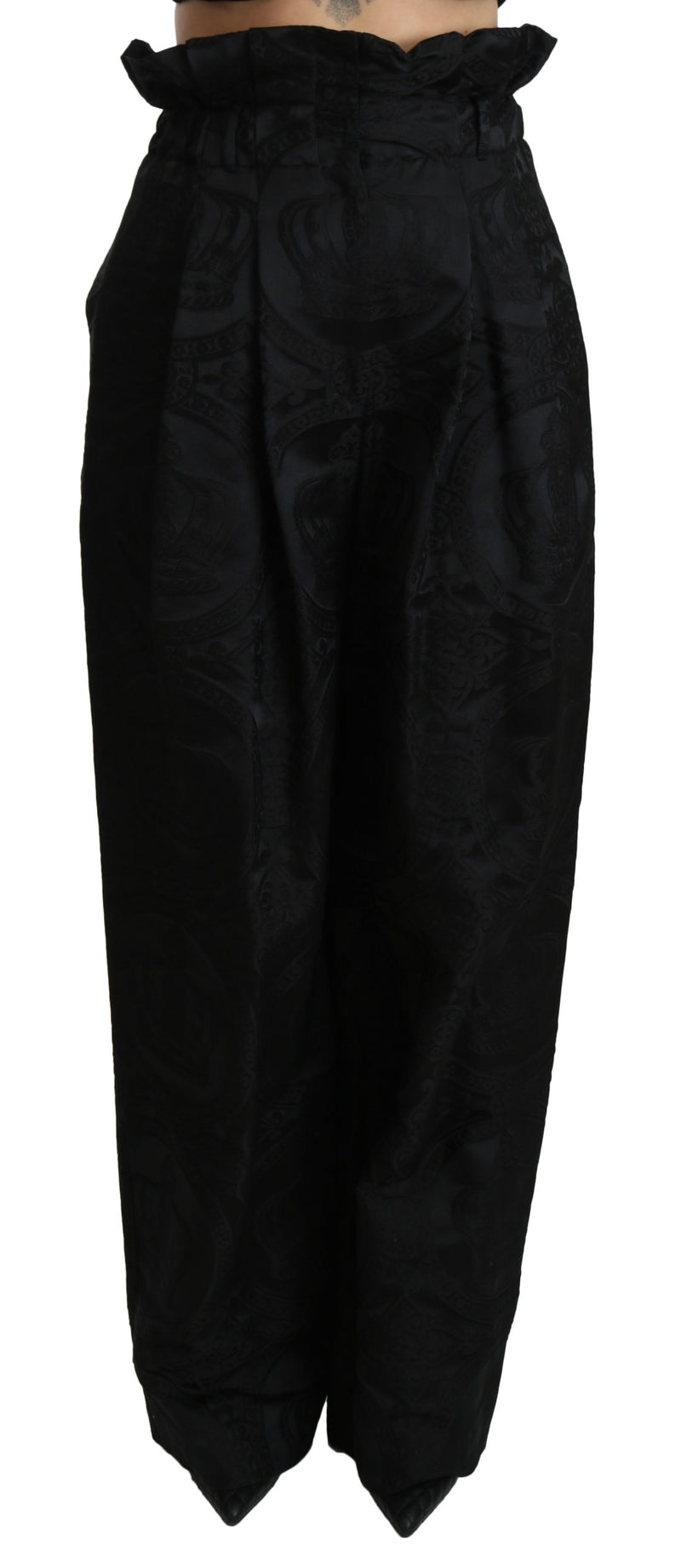 Black Brocade High Waist Wide Leg Cotton Pant