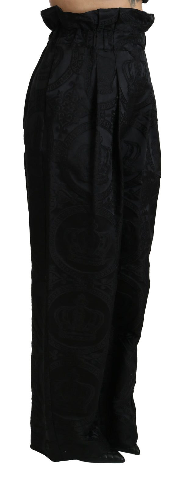 Black Brocade High Waist Wide Leg Cotton Pant