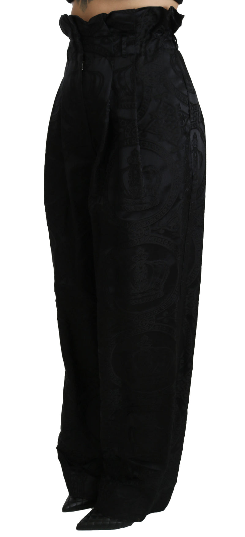 Black Brocade High Waist Wide Leg Cotton Pant