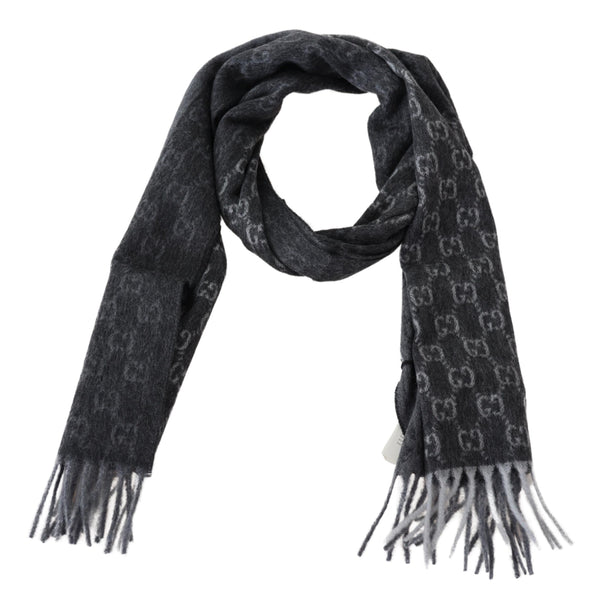 Dark Grey Cashmere & Wool Paneled GG Logo Scarf