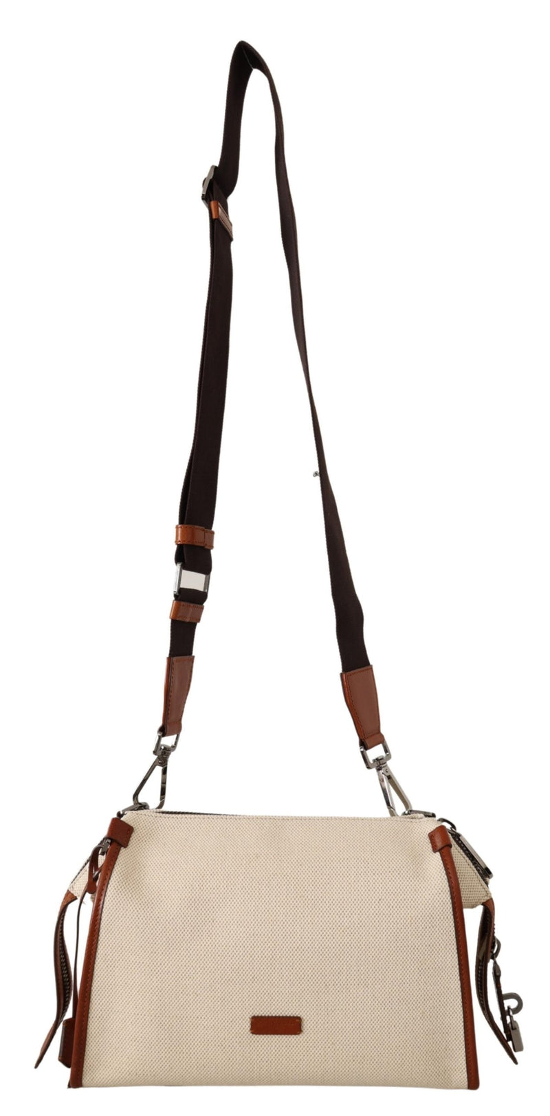 Beige Brown Canvas Leather Logo Shoulder Strap Bag