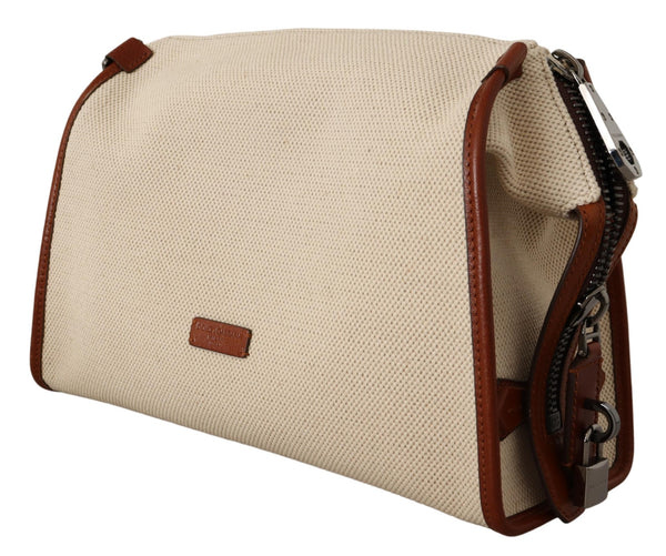 Beige Brown Canvas Leather Logo Shoulder Strap Bag