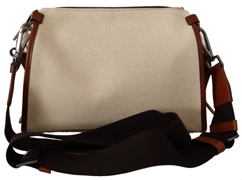 Beige Brown Canvas Leather Logo Shoulder Strap Bag