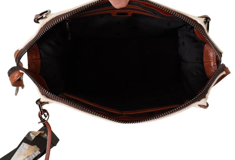 Beige Brown Canvas Leather Logo Shoulder Strap Bag