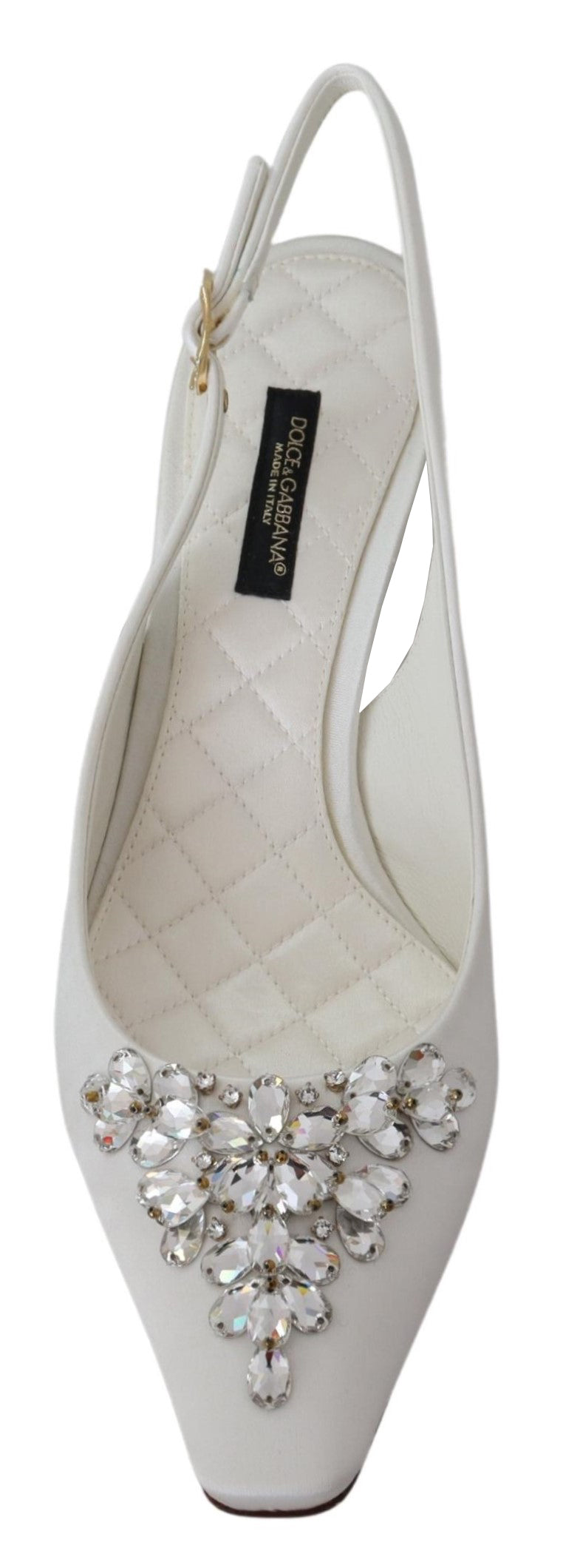 White Viscose Crystals Heels Slingback Shoes