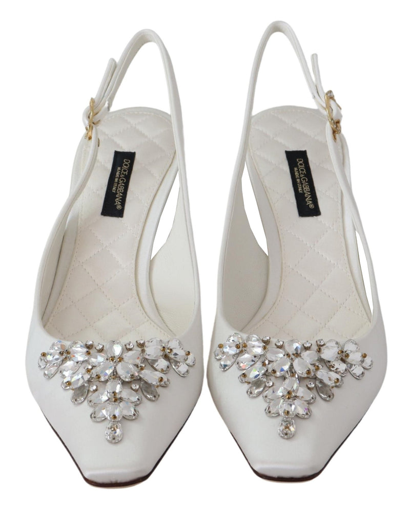 White Viscose Crystals Heels Slingback Shoes