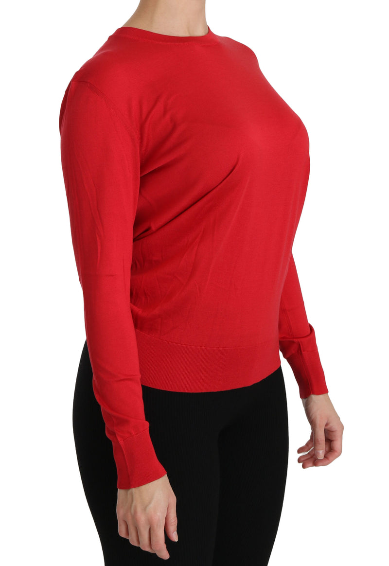 Red Crewneck Pullover Top Silk Sweater
