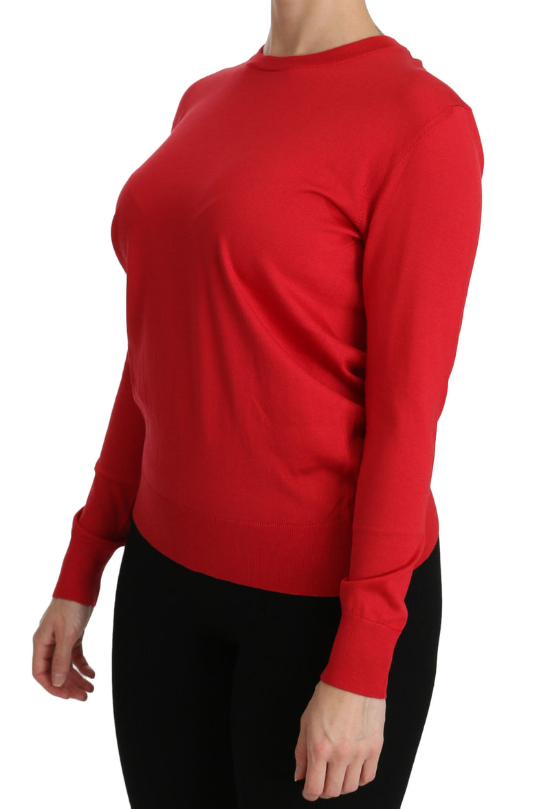 Red Crewneck Pullover Top Silk Sweater