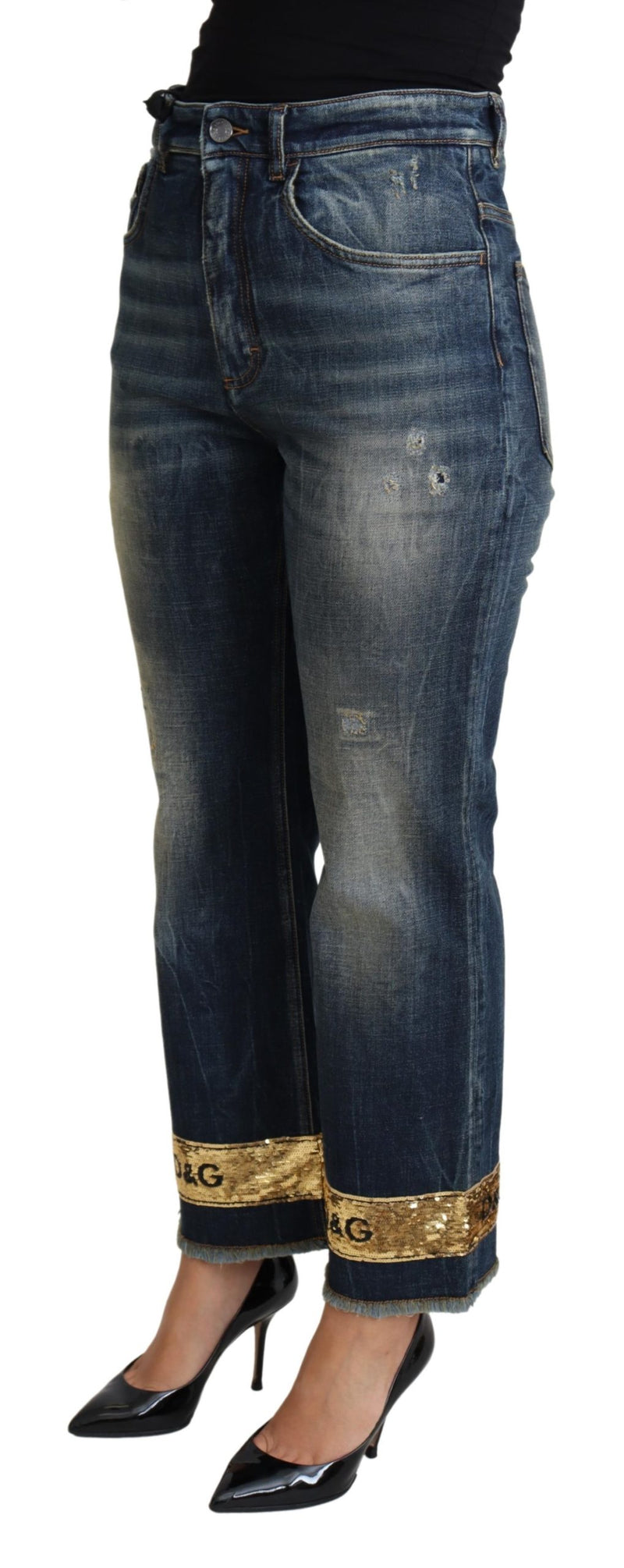 Blue Cotton Stretch Sequin Cropped Denim Jeans