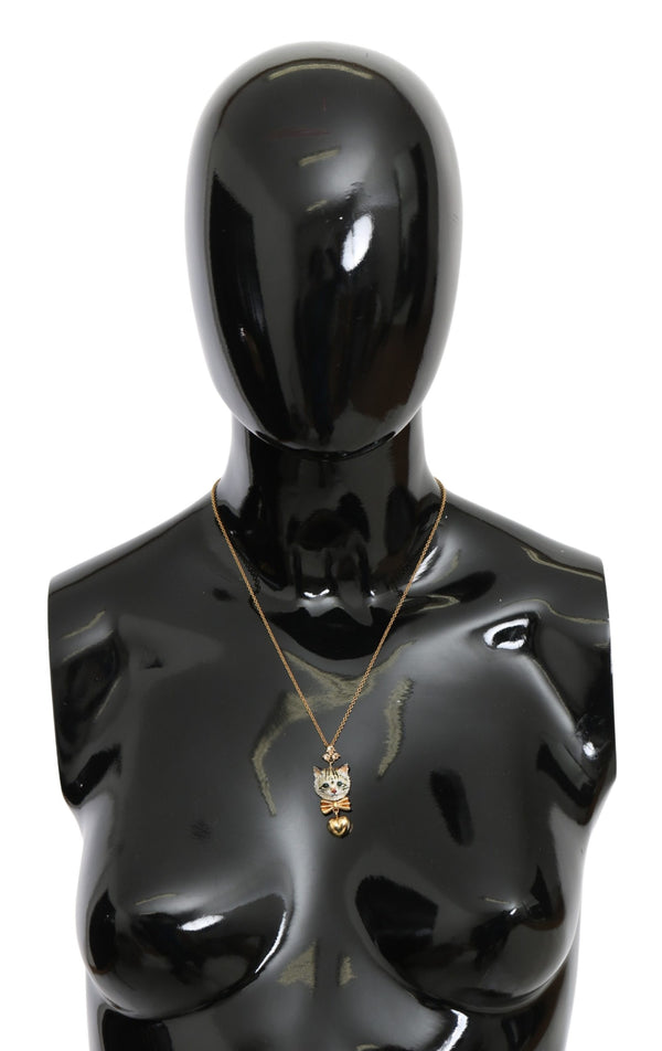 Gold Brass Chain Cat Heart Charm Necklace