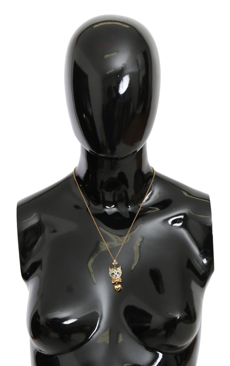 Gold Brass Chain Cat Heart Charm Necklace