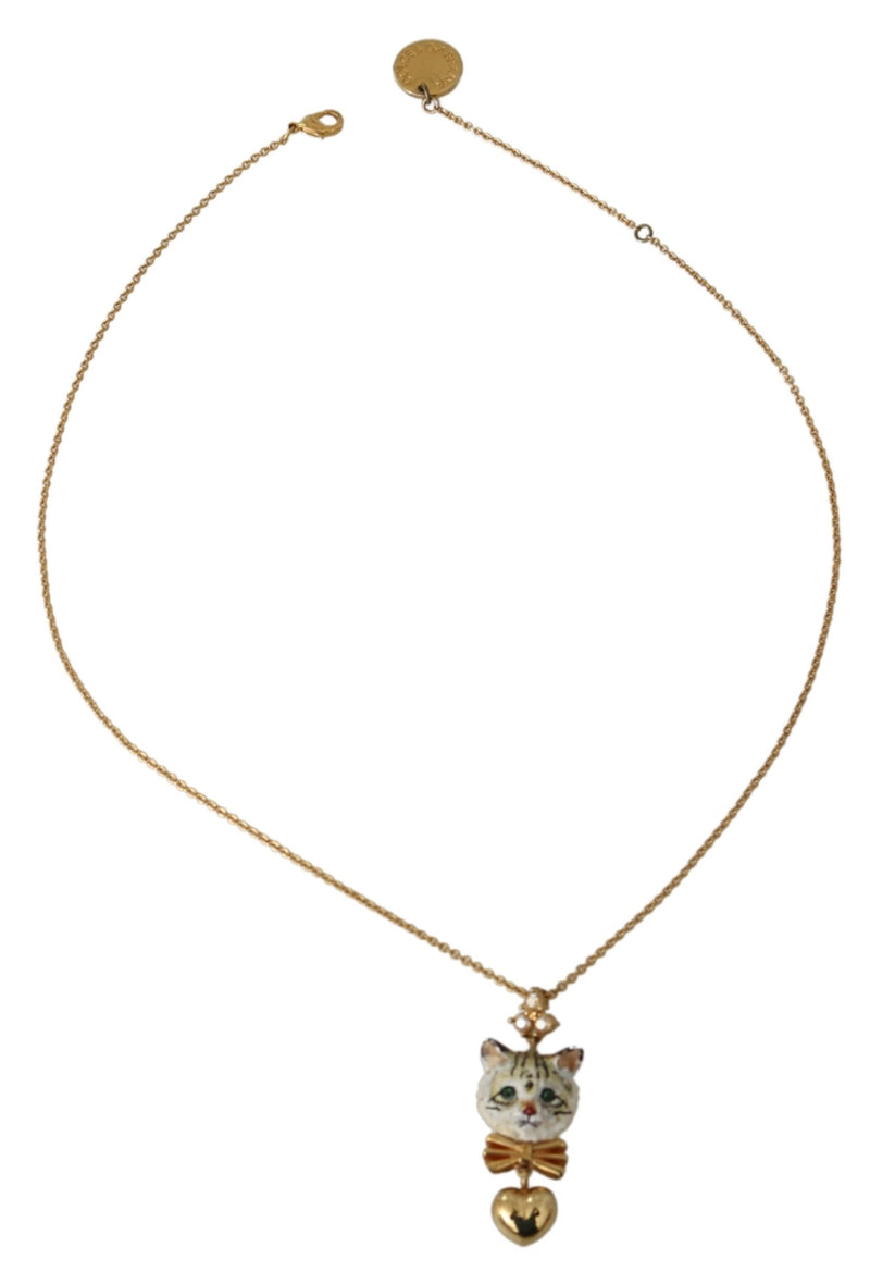 Gold Brass Chain Cat Heart Charm Necklace
