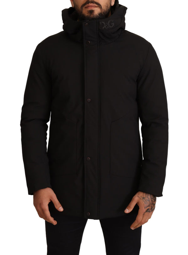 Black Polyester Hooded Windbreaker Jacket