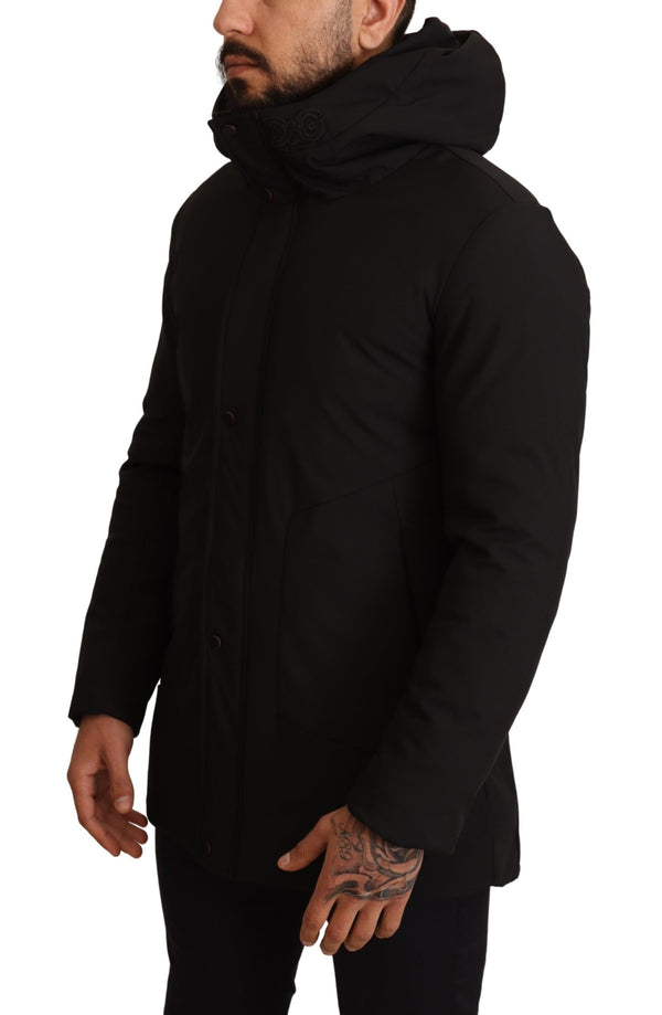 Black Polyester Hooded Windbreaker Jacket