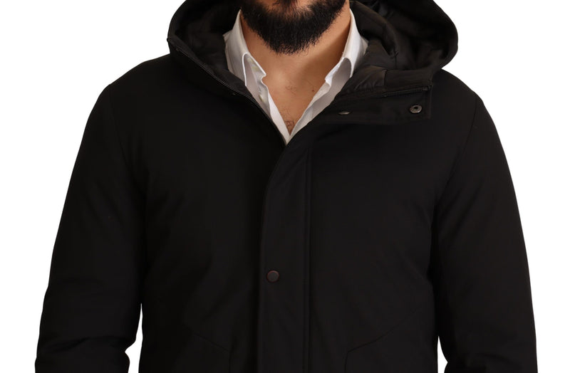 Black Polyester Hooded Windbreaker Jacket