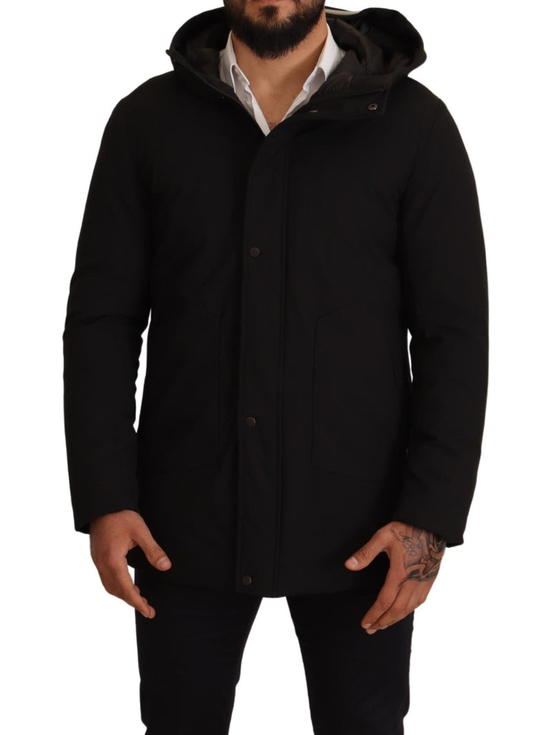 Black Polyester Hooded Windbreaker Jacket