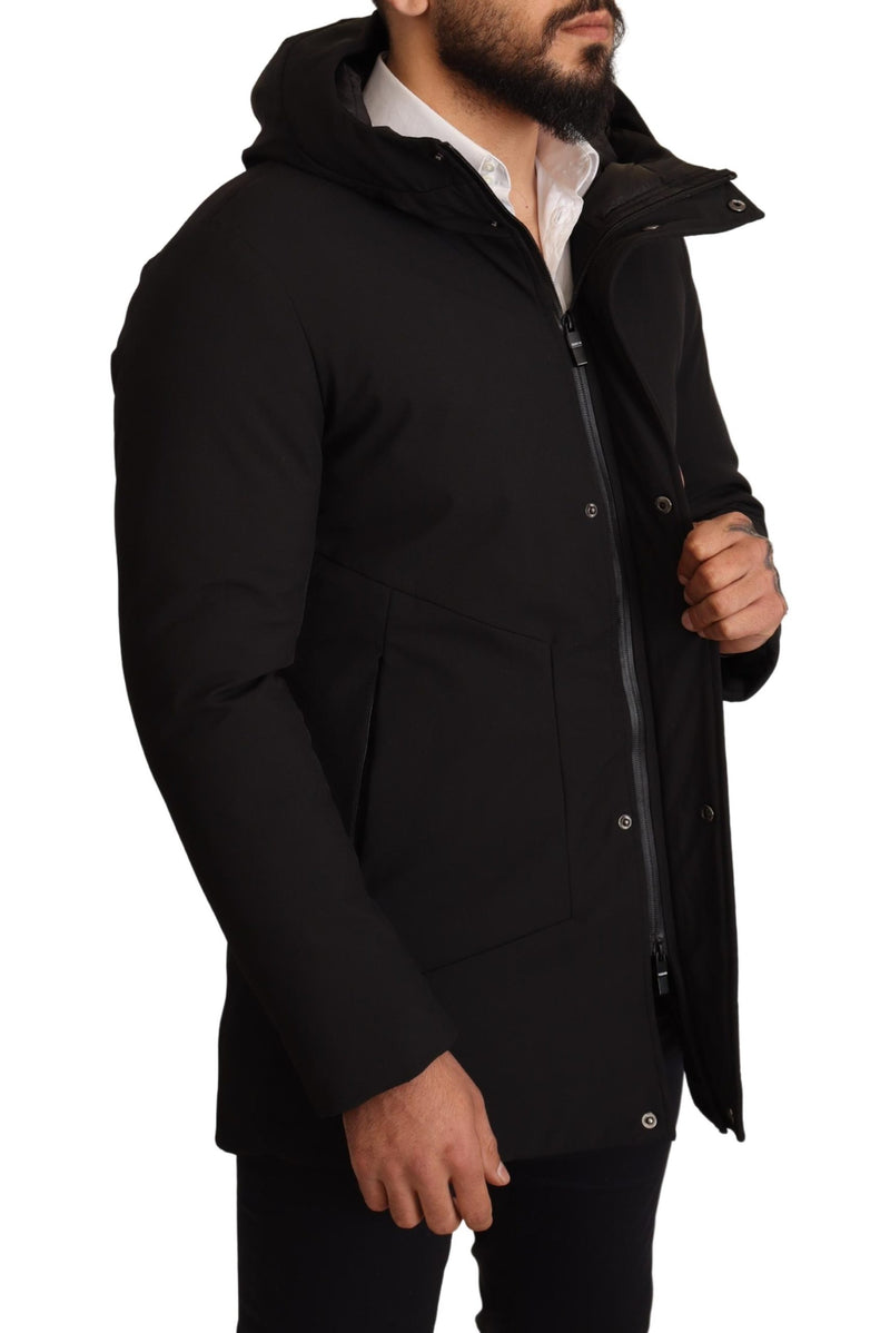 Black Polyester Hooded Windbreaker Jacket