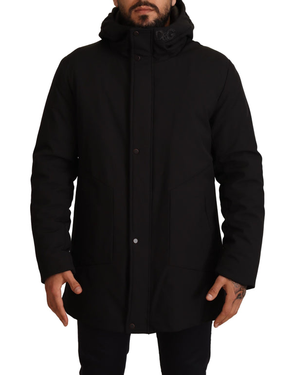 Black Polyester Hooded Windbreaker Jacket
