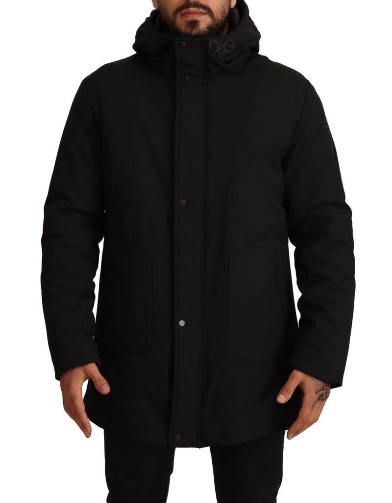 Black Polyester Hooded Windbreaker Jacket
